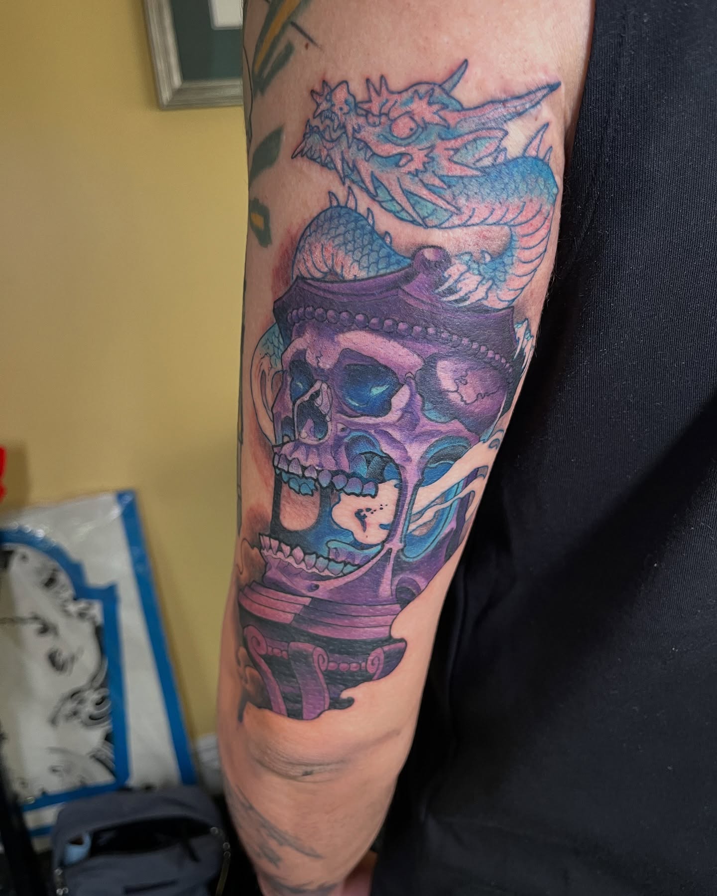 Purple samurai skull with dragon tattoo