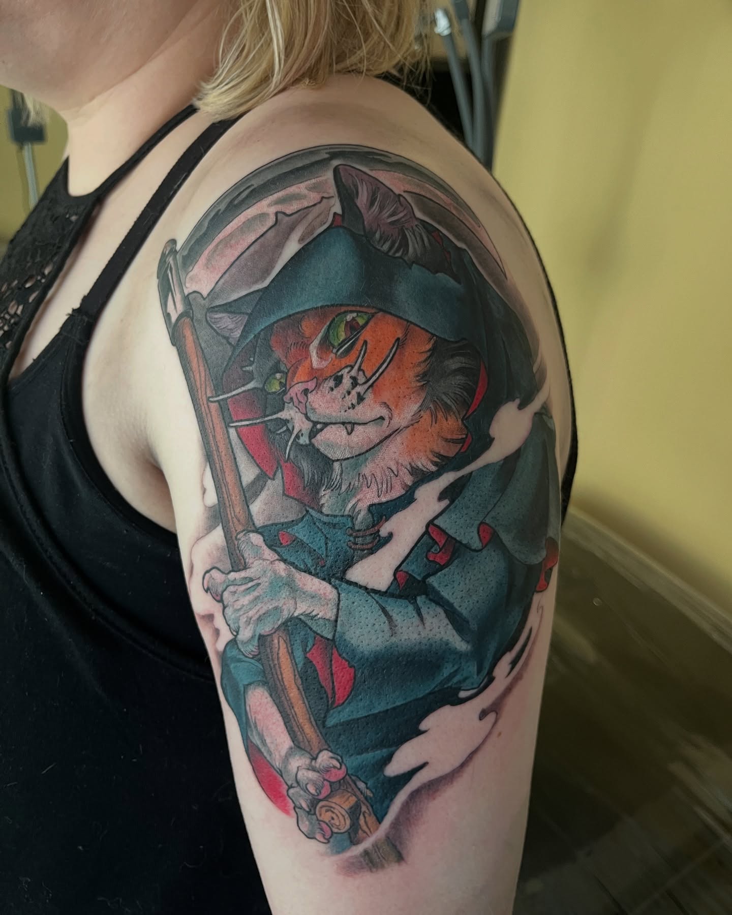 Plague doctor cat character tattoo