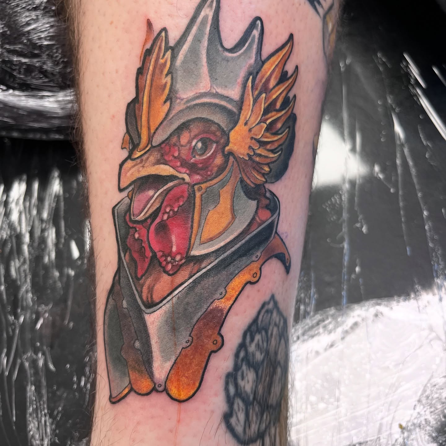 Knight chicken character tattoo neo-traditional